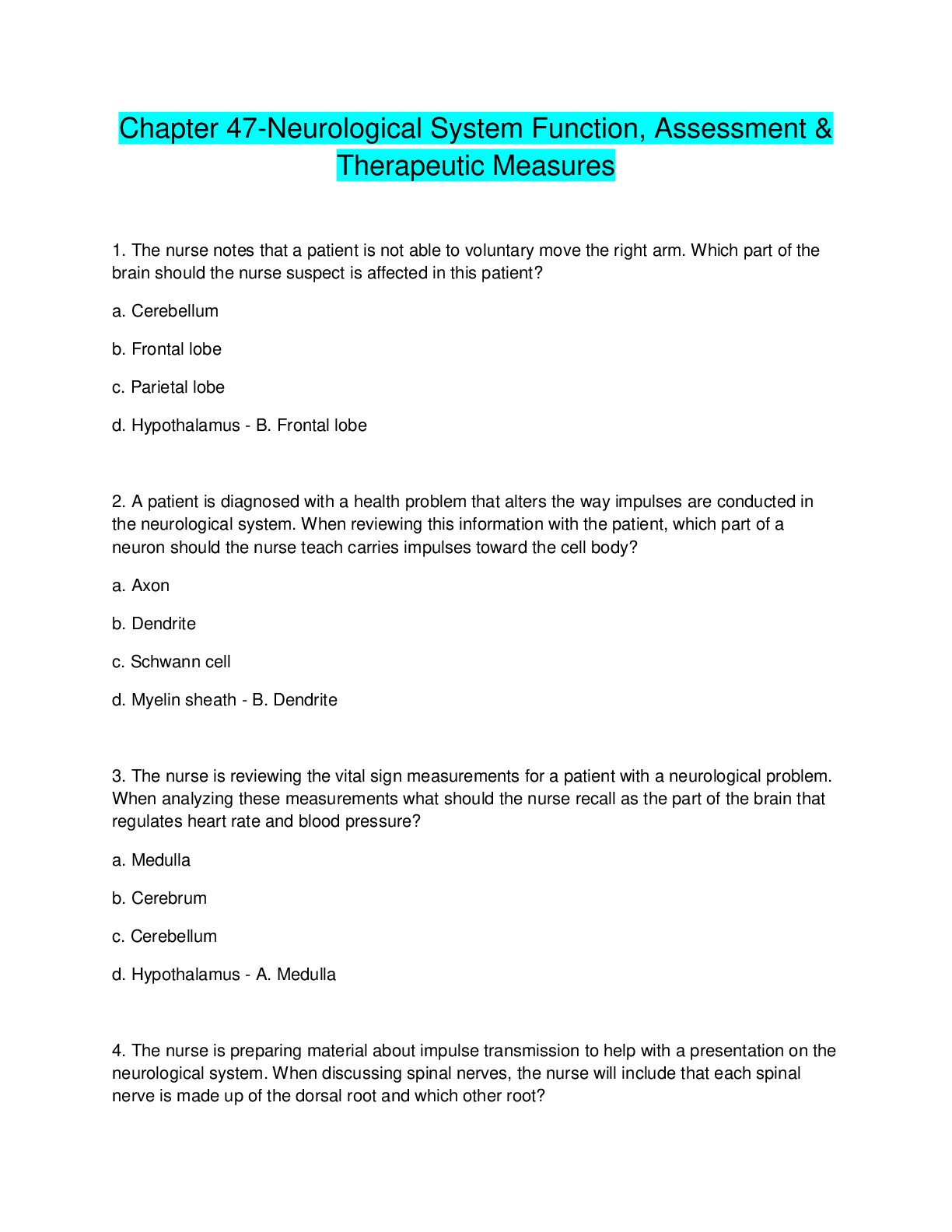 Preview image for Chapter 47-Neurological System Function, Assessment &  Therapeutic Measures